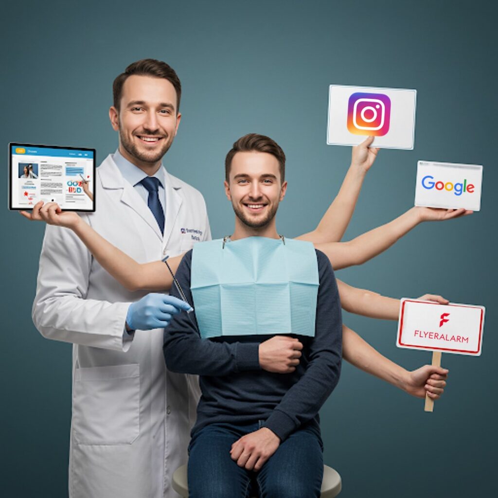 Zahnarzt und Patient mit der Darstellung von einem Marketingmix im Praxismarketing für Zahnärzte mit Instagram, Google und Flyeralarm
