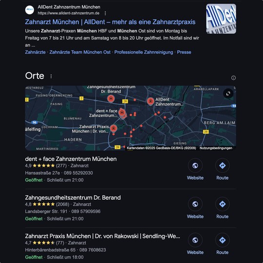Google Suchmaske bei der Suche nach einem Zahnarzt in München im Praxismarketing und SEO für Zahnärzte
