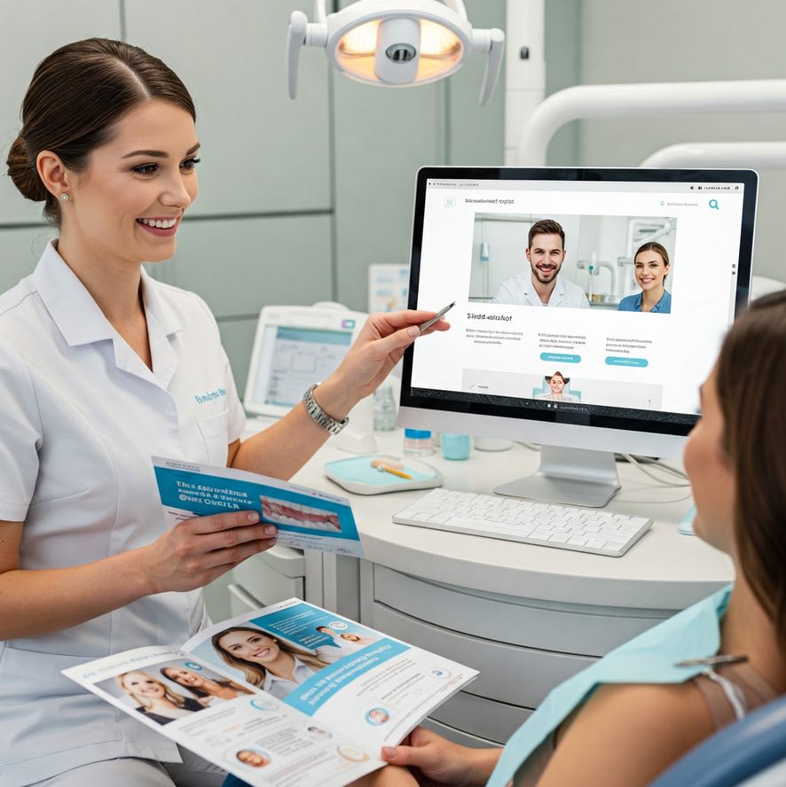 Eine freundliche Zahnärztin erklärt einer Patientin in der Zahnarztpraxis verschiedene Behandlungsmöglichkeiten. Auf einem Computerbildschirm ist eine Zahnarzt-Website zu sehen, während beide zusätzlich Marketingbroschüren durchsehen. Das Bild zeigt die Bedeutung von Praxismarketing für Zahnärzte durch digitale und gedruckte Werbemaßnahmen.