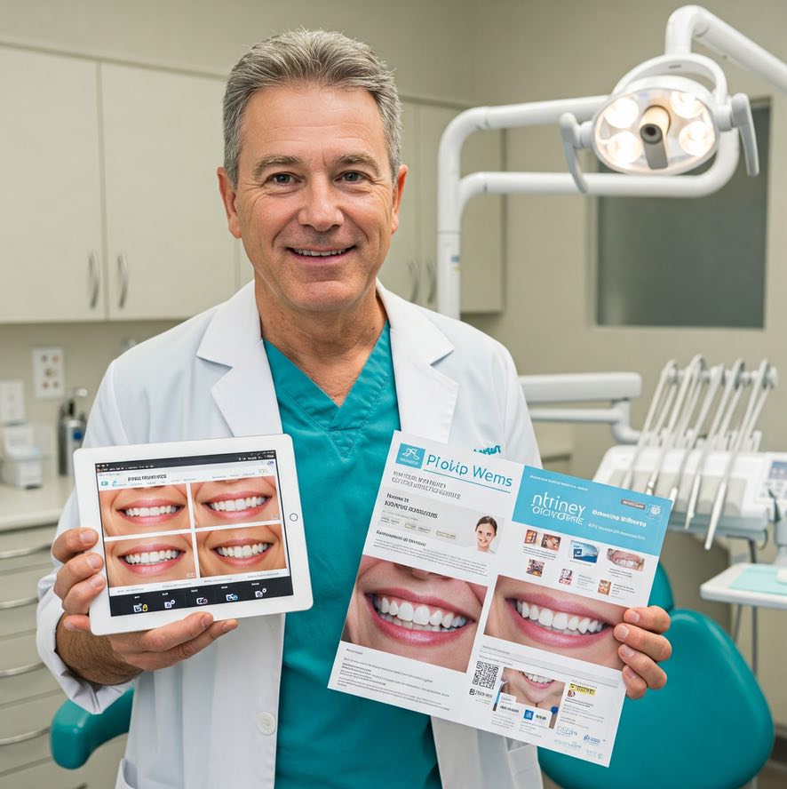 Ein erfahrener Zahnarzt in einer modernen Praxis hält ein Tablet mit Vorher-Nachher-Bildern von Zahnbehandlungen sowie eine Broschüre mit Marketingmaterialien für Zahnärzte. Das Bild veranschaulicht effektives Praxismarketing für Zahnärzte durch digitale und gedruckte Werbemittel.