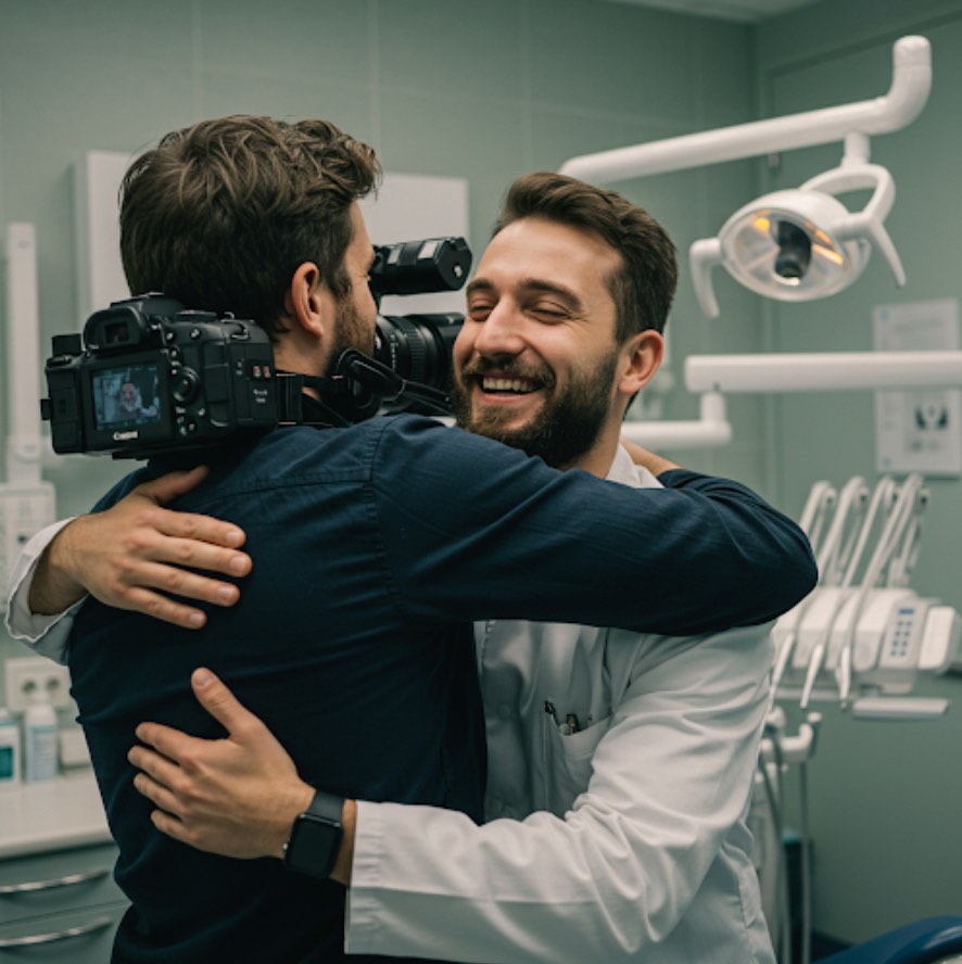 Zahnarzt umarmt seinen Anbieter für Praxismarketing für Zahnärzte, weil dieser einen so tollen Job macht