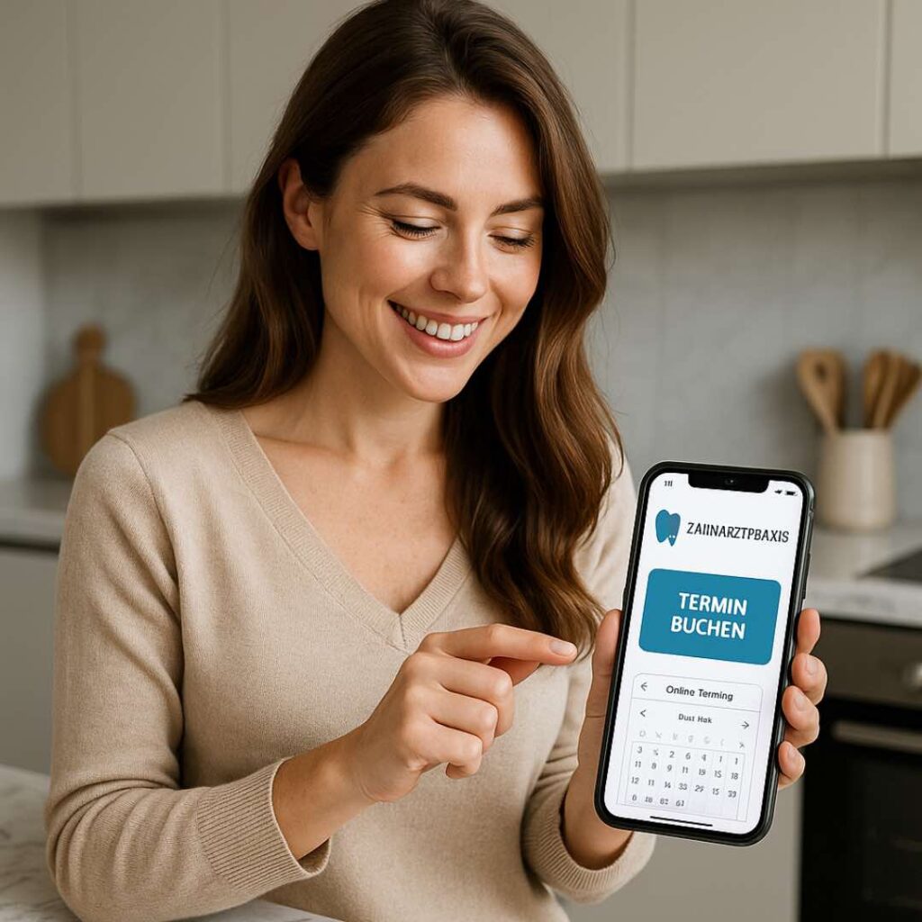 Praxis Digitalisierung Zahnarzt – Patientin nutzt Online Terminbuchungstool der Zahnarztpraxis auf dem Smartphone