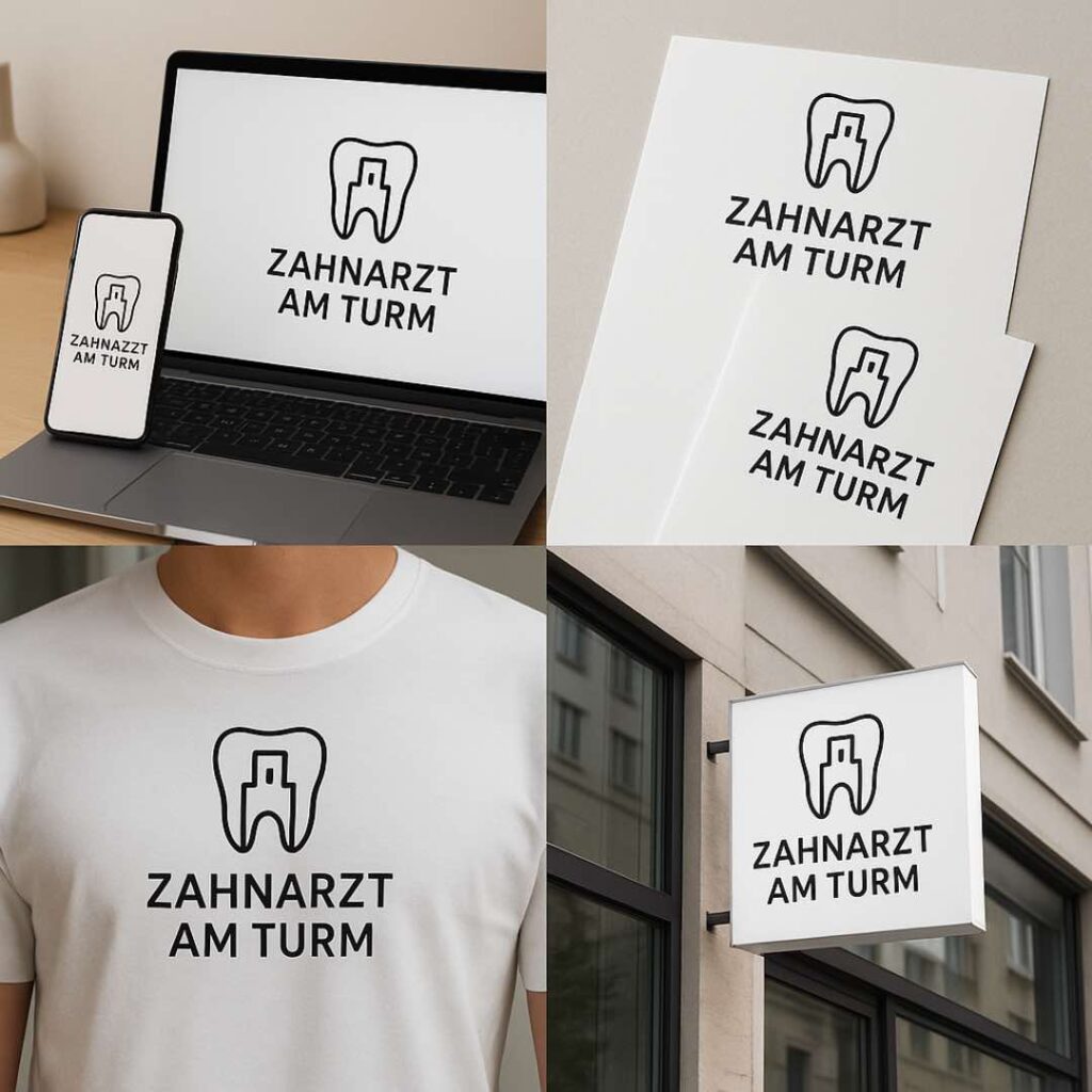 Beispiel für Design Zahnarztpraxis – Logo-Anwendung auf Praxisbekleidung, Fensterfolie und Printmaterialien