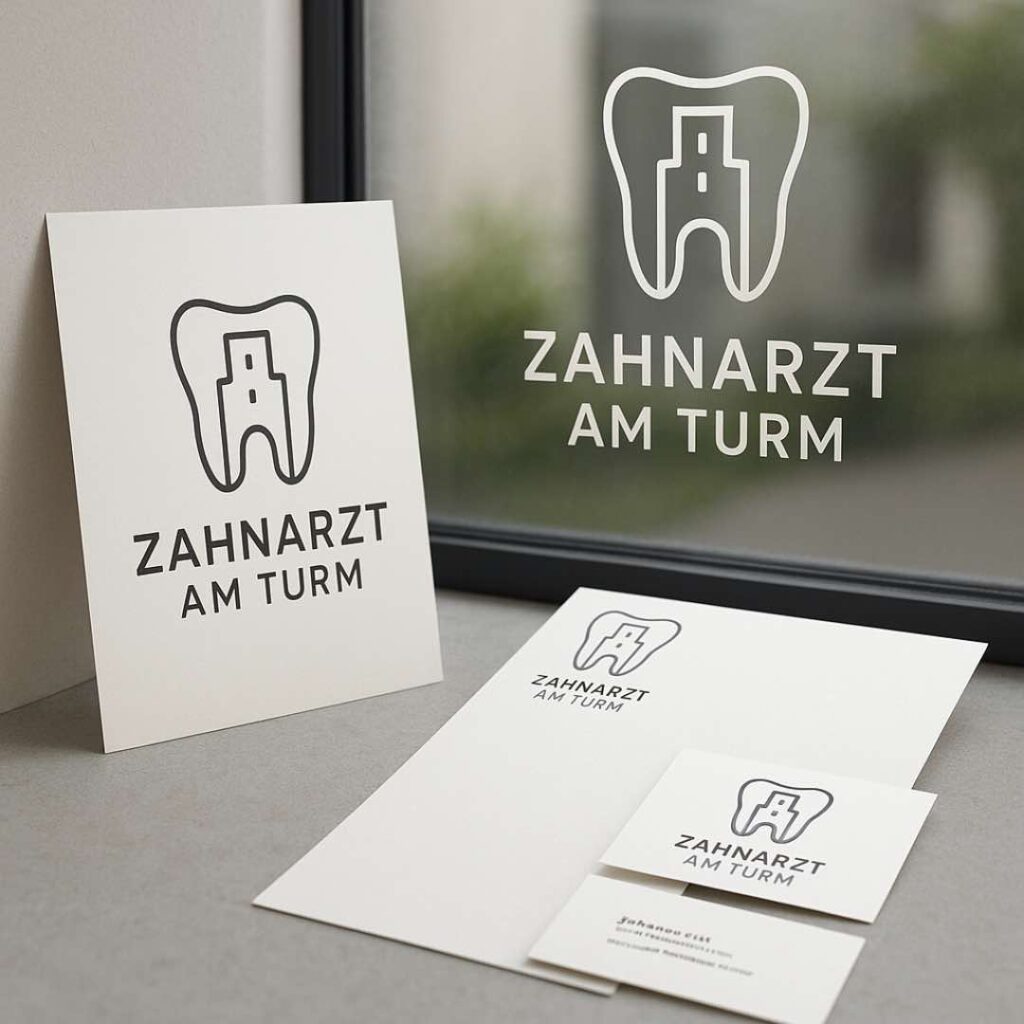 Geschäftsausstattung Design Zahnarztpraxis – Beispiel für Visitenkarten, Briefpapier und Flyer einer Zahnarztpraxis im einheitlichen Corporate Design