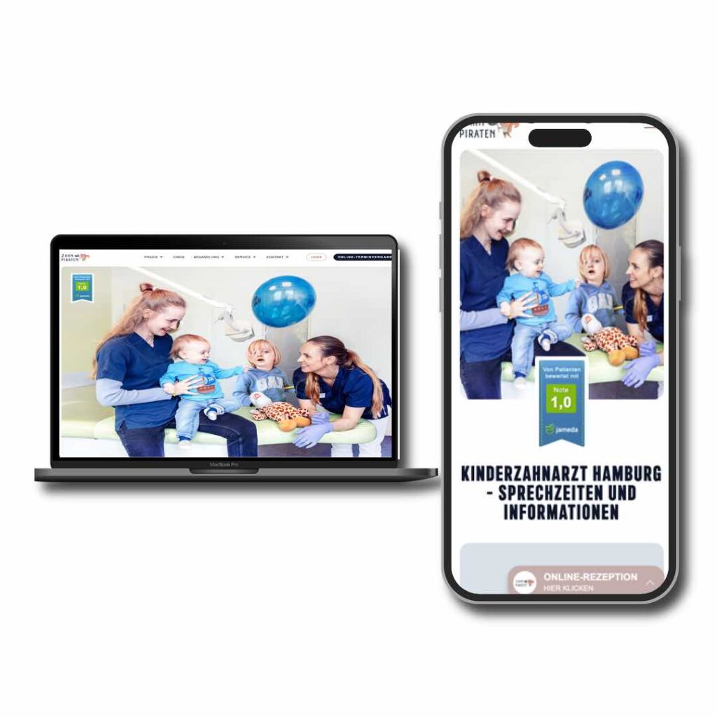 Beispiel-Homepage eines Kinderzahnarztes in Hamburg – Website-Design für Zahnärzte in Desktop- und mobiler Ansicht