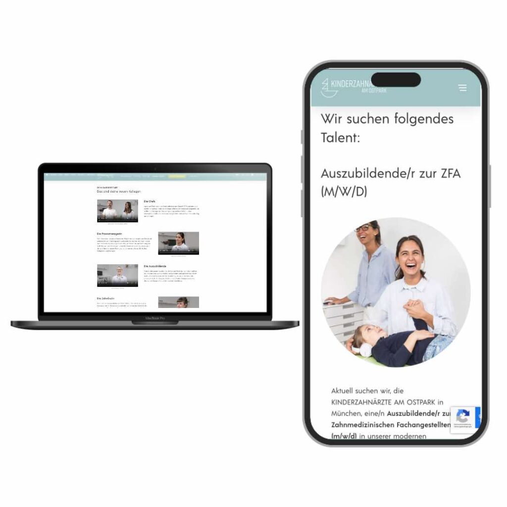 Recruiting-Seite einer Kinderzahnarztpraxis in München – Karriereseite für Zahnarztpraxis auf Desktop und Smartphone optimiert