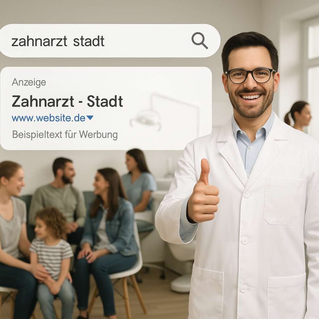 Zahnarzt zeigt Daumen hoch vor Google Ads Anzeige – Erfolgreiche Google Ads Kampagnen für Zahnärzte zur Patientengewinnung