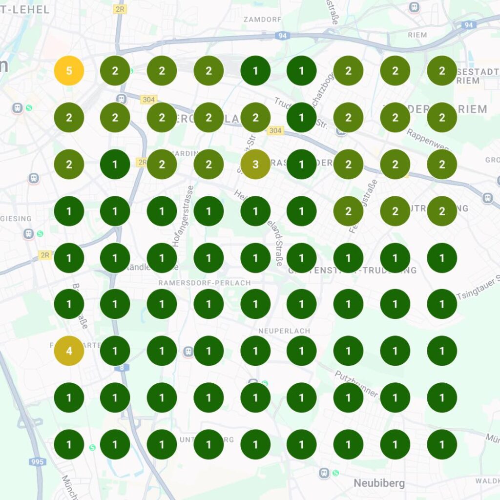 Local SEO Sichtbarkeitsanalyse für Zahnärzte – Ranking-Heatmap einer Zahnarztpraxis bei Google Maps nach Local SEO Optimierung