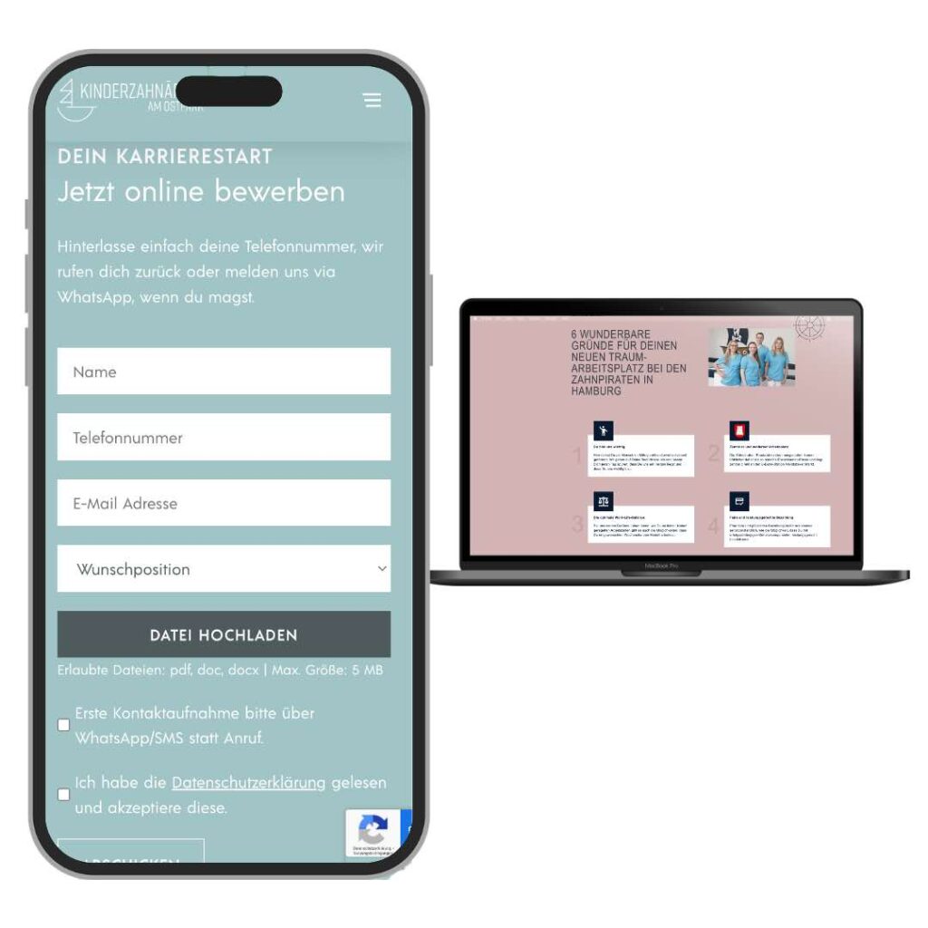 Beispiel für Recruiting Bereich auf der Website einer Zahnarztpraxis – Mobiloptimiertes Schnellbewerbungsformular und Arbeitgeberdarstellung