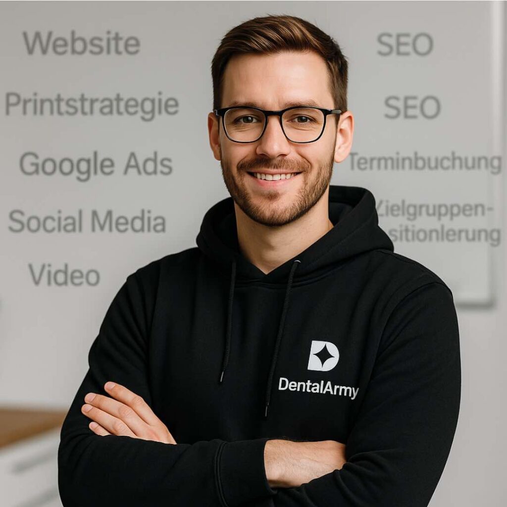 Marketingberater zeigt zentrale Bereiche der Praxismarketing-Beratung für Zahnärzte – von Website über Social Media bis zur Mediaplanung