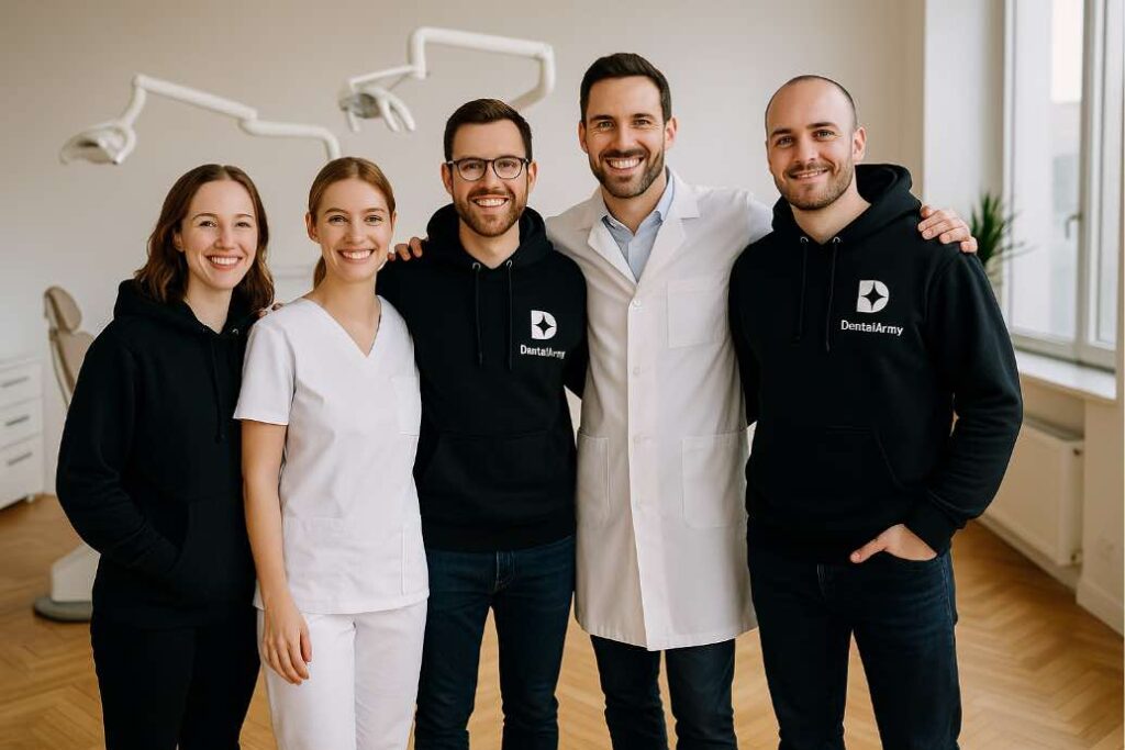 Das Team der DentalArmy-Agentur gemeinsam mit Zahnärzten – Experten für Praxismarketing für Zahnärzte zur erfolgreichen Patientenakquise.