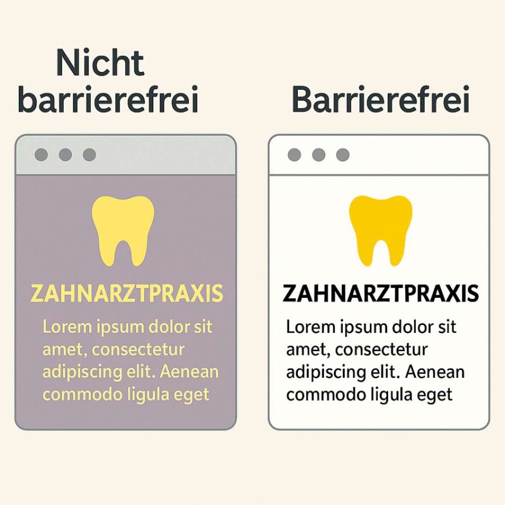 Vergleich zwischen nicht barrierefreier und barrierefreier Zahnarzt-Website mit Fokus auf Farbkontrast und Lesbarkeit