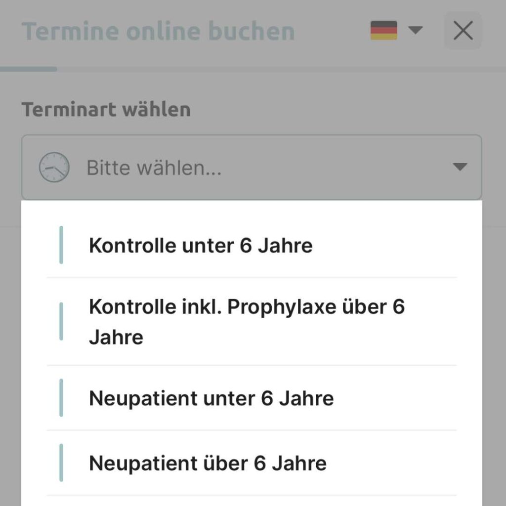 Screenshot einer Dr. Flex-Terminbuchung direkt auf der Zahnarzt-Website – Beispiel für eine Alternative zu Doctolib, die bei den Themen Datenschutz, Kontrolle und Nutzerführung deutlich punktet im Vergleich zu den Doctolib Nachteilen, Vorteilen und Alternativen.