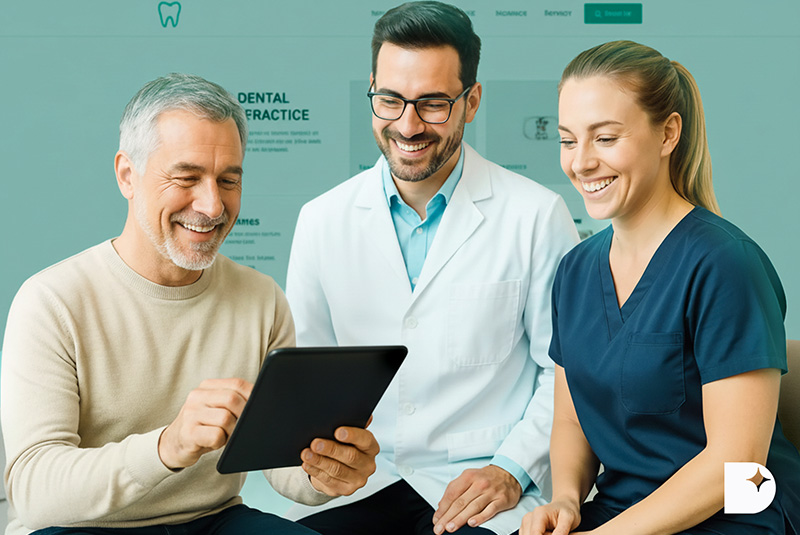 Praxis Digitalisierung Zahnarzt – Patient und Praxisteam nutzen gemeinsam digitales Tablet für Patientenkommunikation