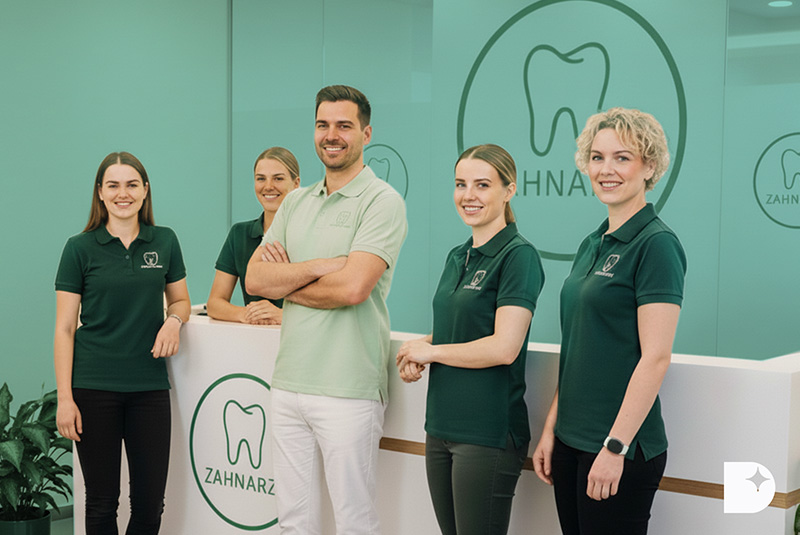 Design Zahnarztpraxis – Zahnarztteam mit einheitlichem Logo auf Kleidung, Wandlogo und Fensterfolie