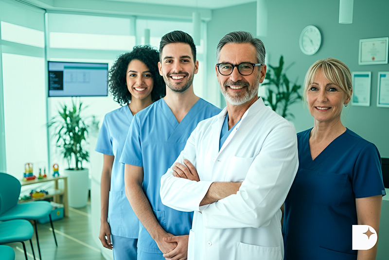 Erfolgreiche Mitarbeiter Werbung für die Zahnarztpraxis – Zahnarzt mit seinem Praxisteam nach erfolgreichem Recruiting