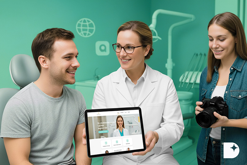 Zahnarztteam präsentiert moderne Homepage für Zahnärzte auf Tablet – Webdesign und Website-Erstellung für Zahnarztpraxen.