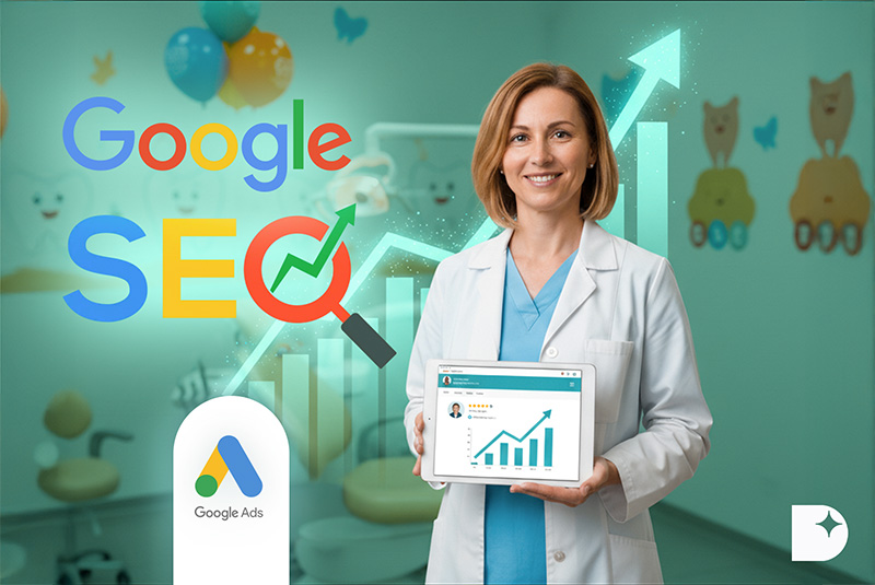 Zahnarzt mit Tablet zeigt Google-Suchergebnisse – SEO und Google Ads Lösungen für Zahnärzte zur Steigerung der Sichtbarkeit und Patientengewinnung